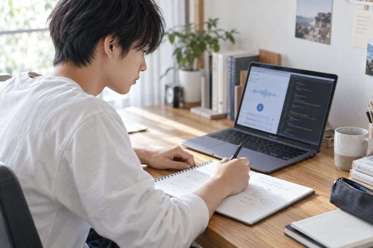 AIを使ってアプリを制作し、ノートに気づきを書き留める高校生の学習風景イメージ